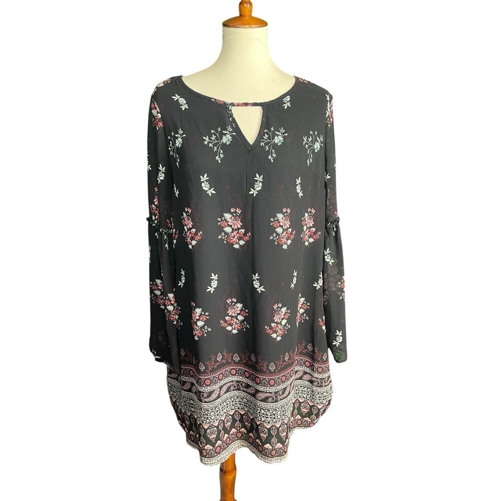 XHILARATION Black Floral Dress Women Size L Flowy Boho Long Sleeve
